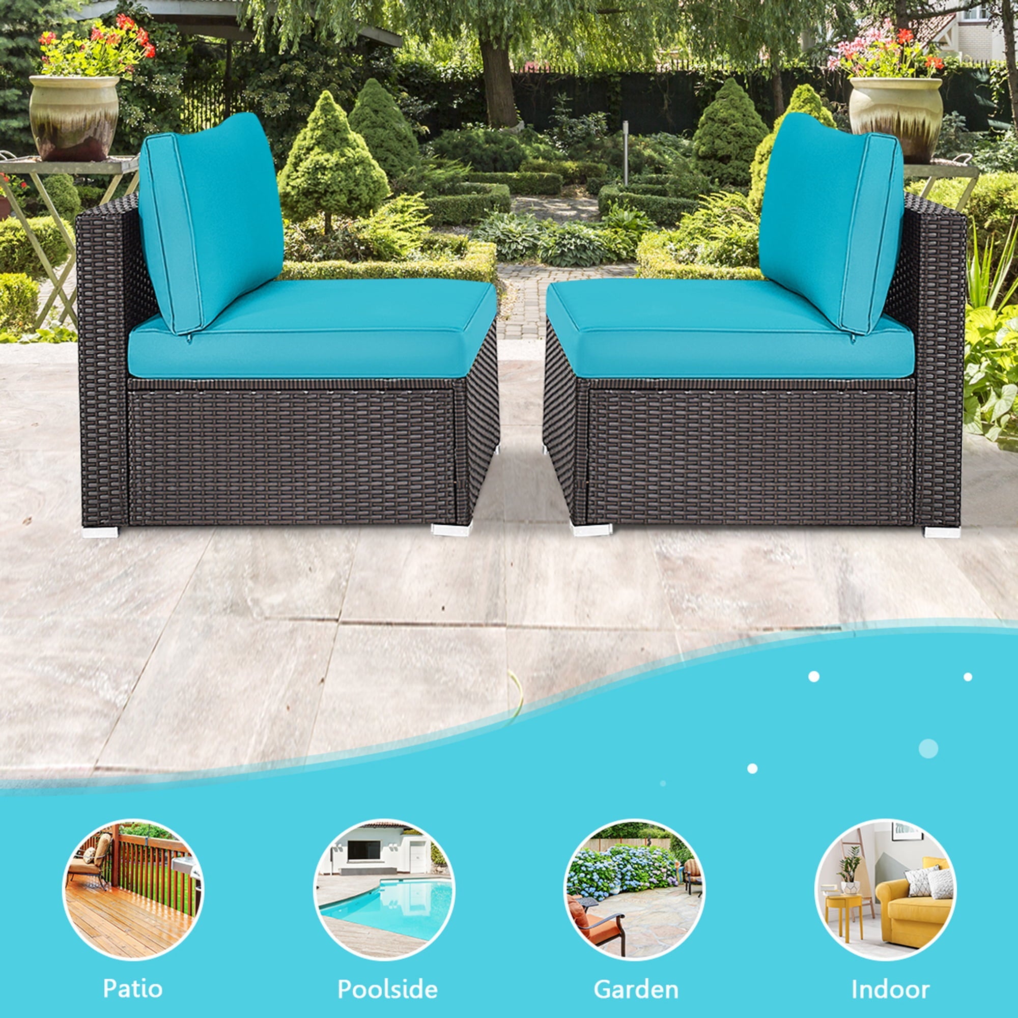 Gymax 2PCS Patio Wicker Rattan Sectional Armless Chair Sofa w/ Turquoise Cushion