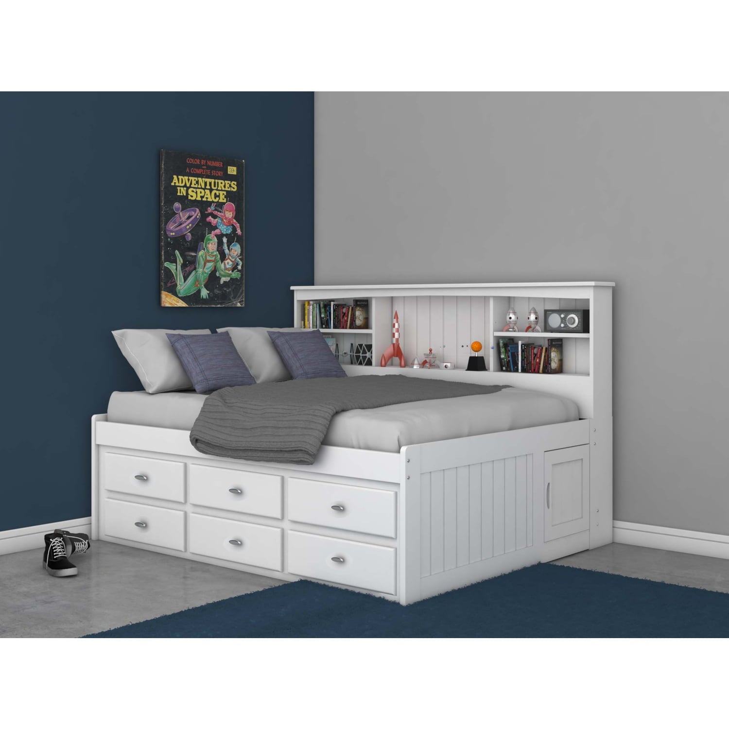 OS Home and Office Model 80223K6-22, Solid Pine Full Bookcase Daybed with 6 Drawers in Casual White