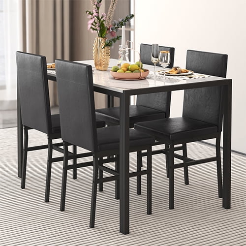 5 Piece Dining Table Set, Modern Faux Marble Tabletop and 4 PU Leather Upholstered Chairs, Rectangle Kitchen Table and Chairs for 4 Persons, Small Dining Set for Bar Dining Room Breakfast Nook