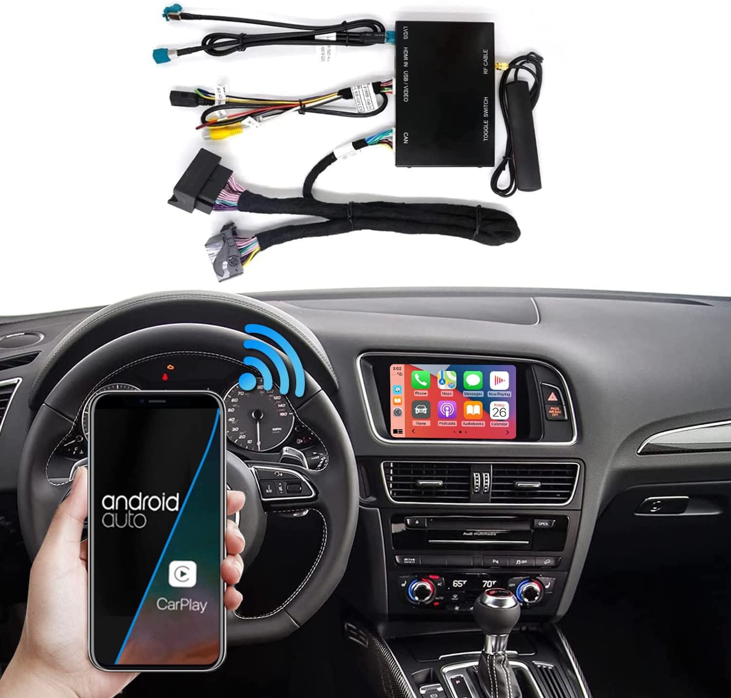 Road Top Wireless Carplay Android Auto Retrofit Kit for Audi A4 A5 S4 S5 RS4 RS5 Q5 2008-2015 with 3GMMI Factory Screen Update, Support Mirrorlink, Siri, Original Control, Camera