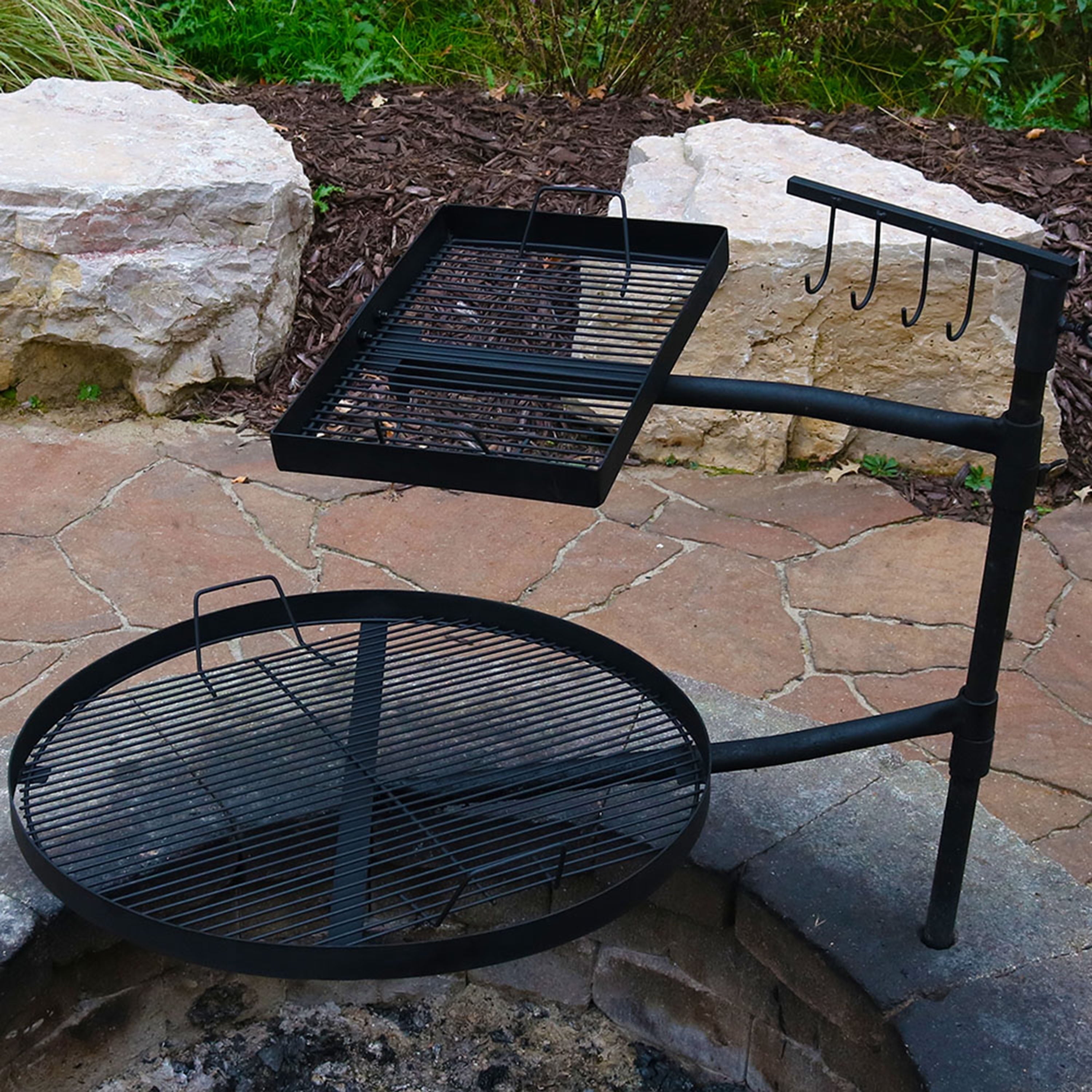 Outdoor Camping or Backyard Steel Adjustable Cooking Grilling Fire Pit BBQ Stake with 2 Swivel Swing Grates