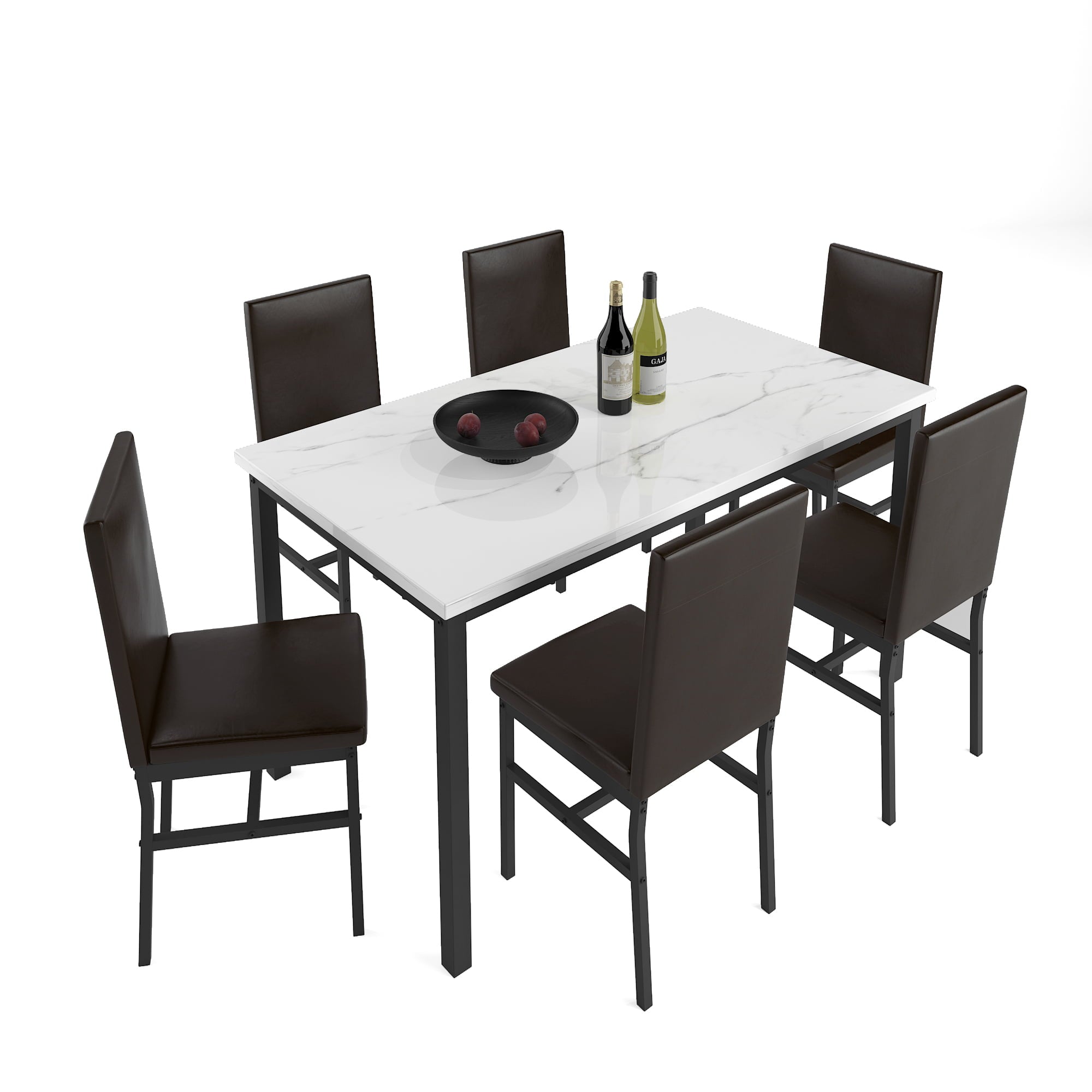 7 Piece Kitchen Dining Table & Chair Set, Dining Room Table Set with Faux Marble Tabletop PU Leather Padded Chairs, Rectangle Dining Table Set for 6, Dinette Set for Kitchen Dining Room Small Space