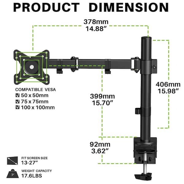 13 in. - 27 in. Single Tilt/Swivel/Articulating Monitor Arm Desk Mount