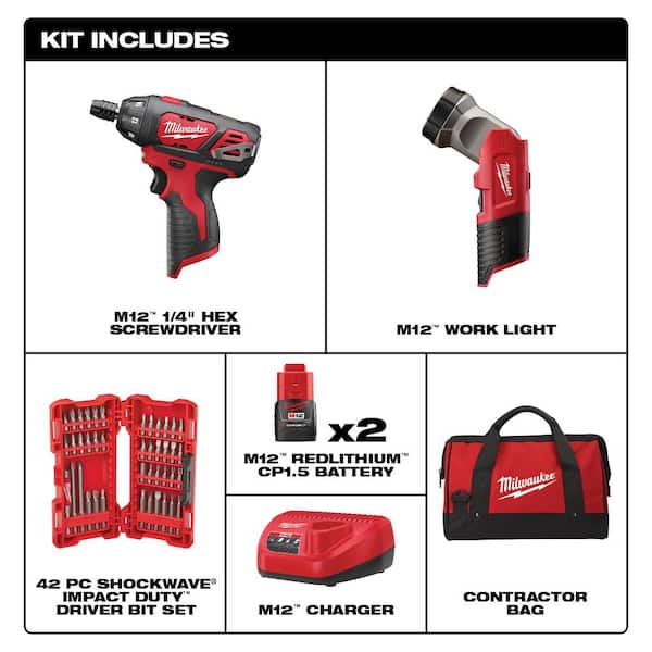 M12 12V Lithium-Ion Cordless 1/4 in. Hex Screwdriver/LED Worklight Kit with (2) 1.5Ah Batteries,Bit Set & Bag