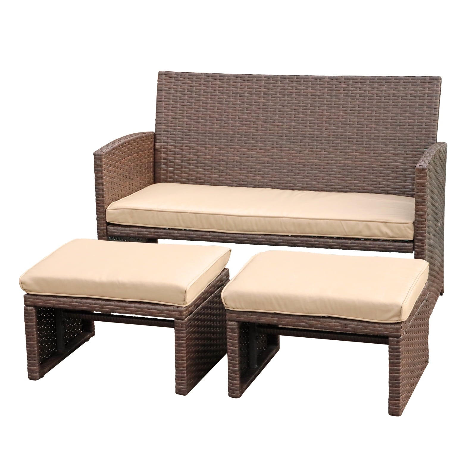 OC Orange-Casual 3 Piece Outdoor Loveseat, Patio Furniture Set, with Ottoman/Side Table, Brown Rattan, Beige Cushion