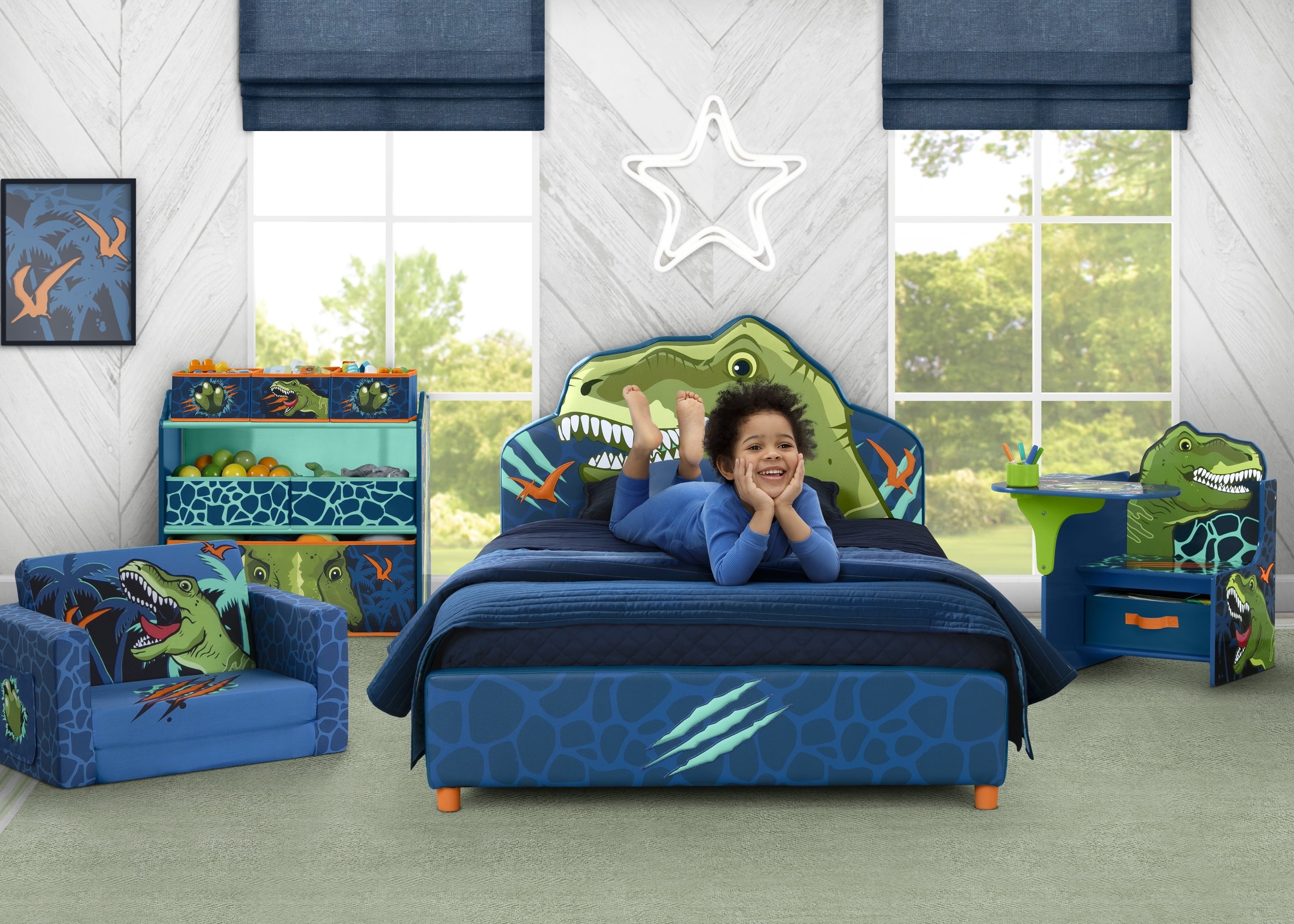 Delta Children Dinosaur Upholstered Twin Bed, Blue