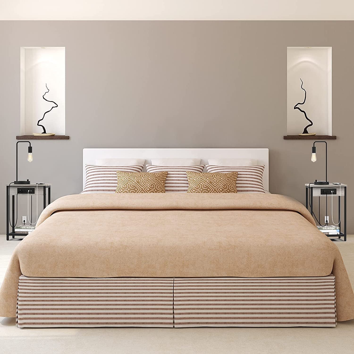 Nightstand End Table with Charging Station Gray, Set of 2