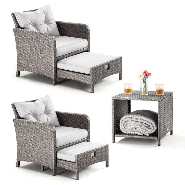 5-Pieces Wicker Patio Furniture Set Outdoor Patio Chairs with Ottomans, Gray Cushions