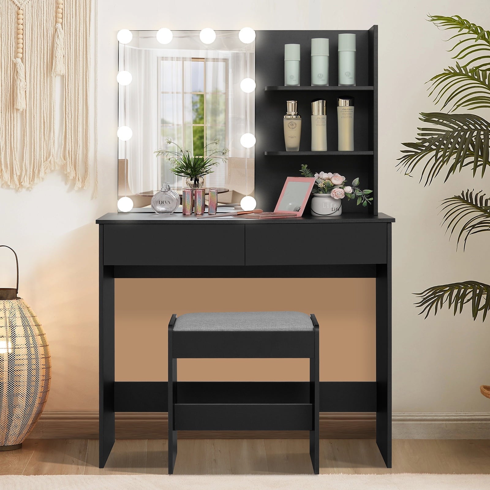 USIKEY Vanity Table Set for Gift with 10 Hollywood Style Lights, Dressing Vanity Table with 2 Long Shelves and 2 Big Drawers, Makeup Table with Cushioned Stool for Women, Girls, Bedroom, White