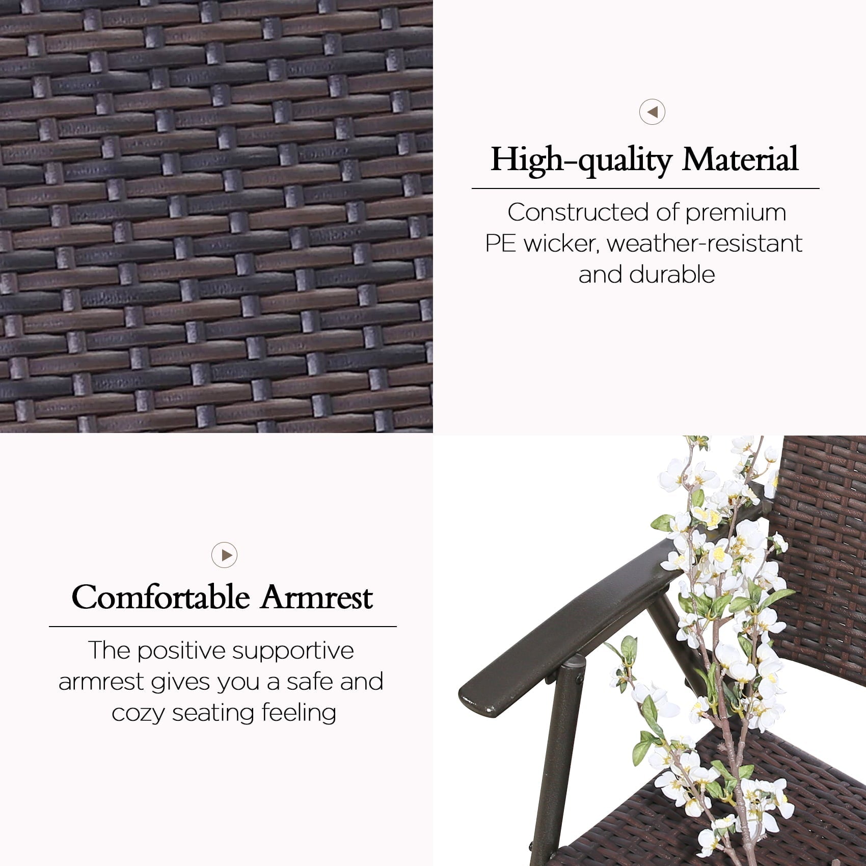 Ulax Furniture 3 Pieces Wicker Folding Bistro Set, Balcony Table and Chairs Sets, Garden Backyard Furniture