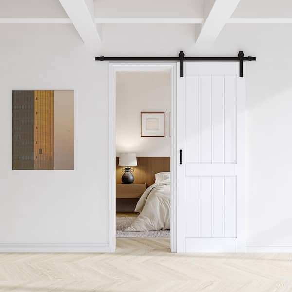 30 in. x 84 in. Paneled H Shape Solid Core White Primed MDF Barn Door Slab with Hardware Kit