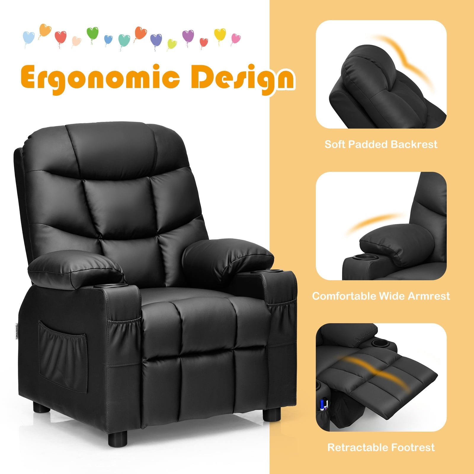 Infans Kids Youth Recliner Chair PU Leather w/Cup Holders & Side Pockets Black