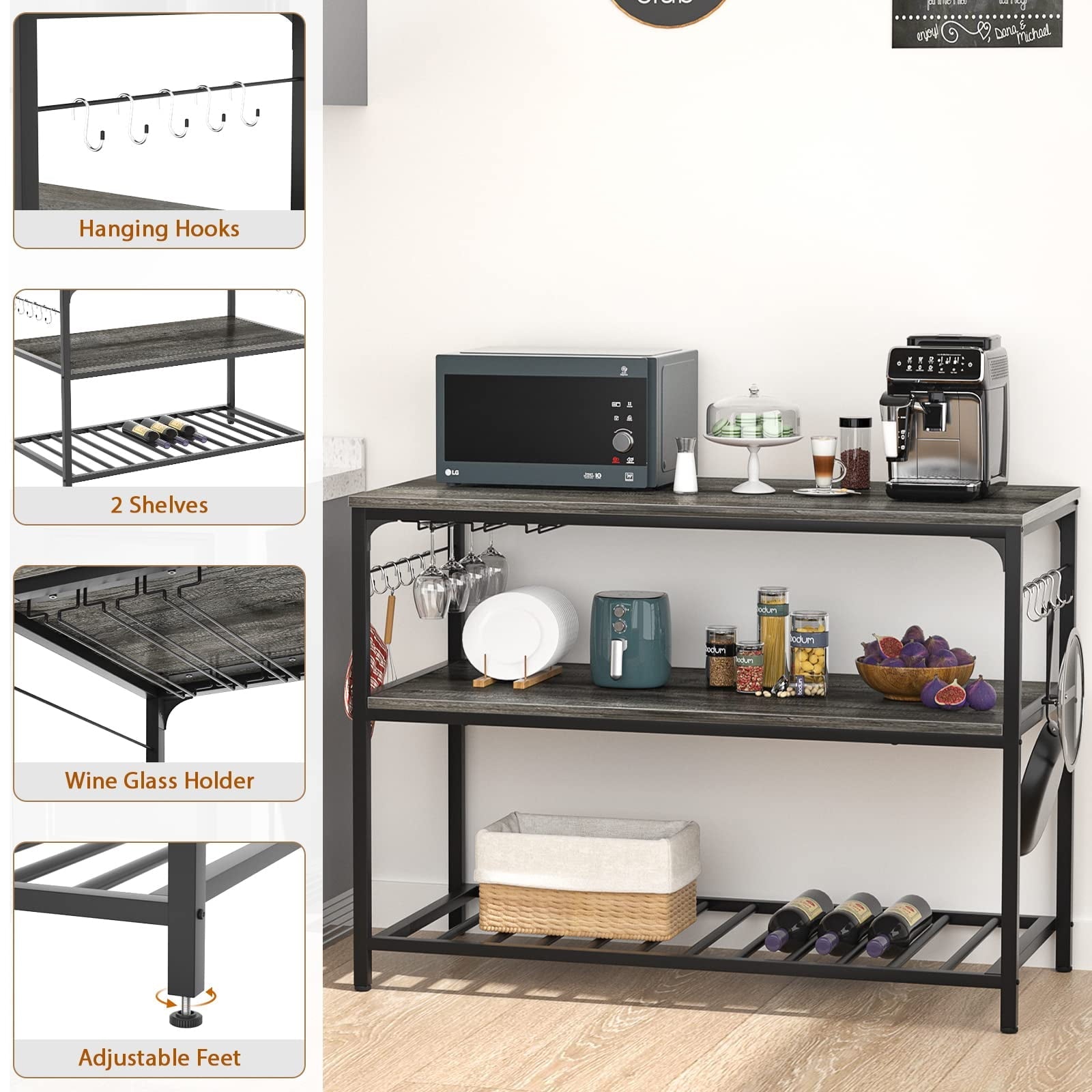 Homieasy Kitchen Island with Wine Glass Holder, Industrial Wood and Metal Coffee Bar Rack, 3 Tier Spacious Prep Table Extended Counter with Hooks Easy to Assemble, Gray Oak
