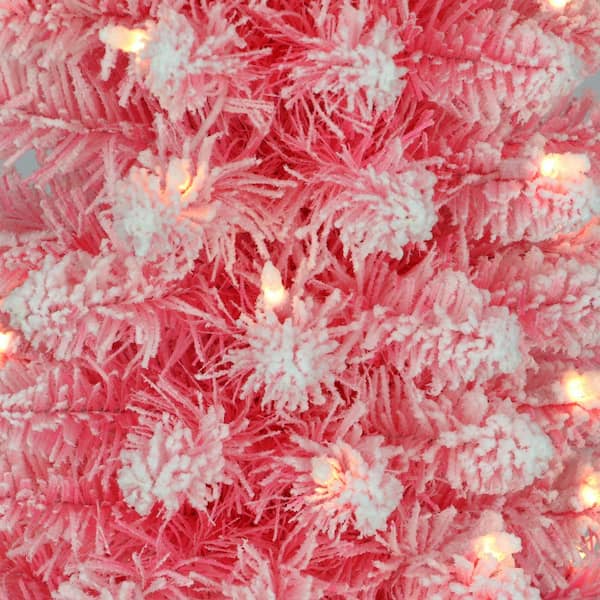 Pre-Lit 4.5 ft. Flocked Fashion Pink Pencil Artificial Christmas Tree with 100 Lights, Pink
