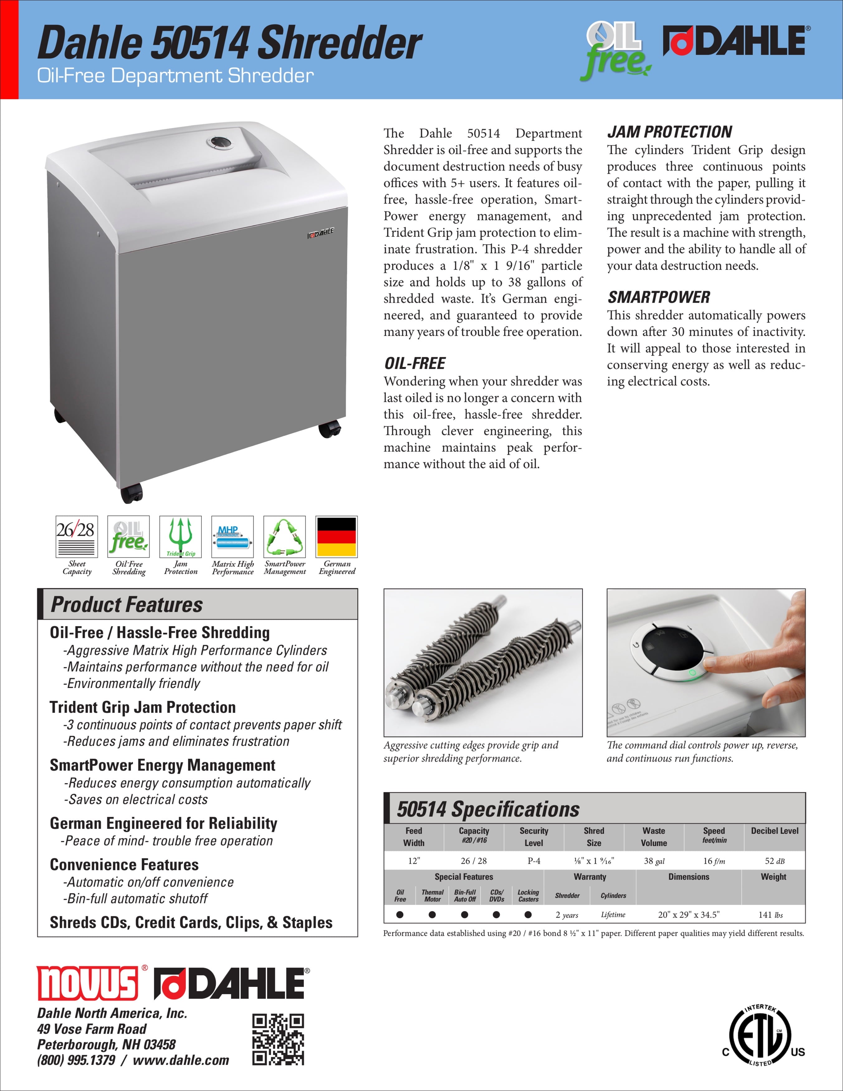 Dahle 50514 Oil-Free Paper Shredder w/Jam Protection, German Engineered, 26 Sheet Max, Level P-4