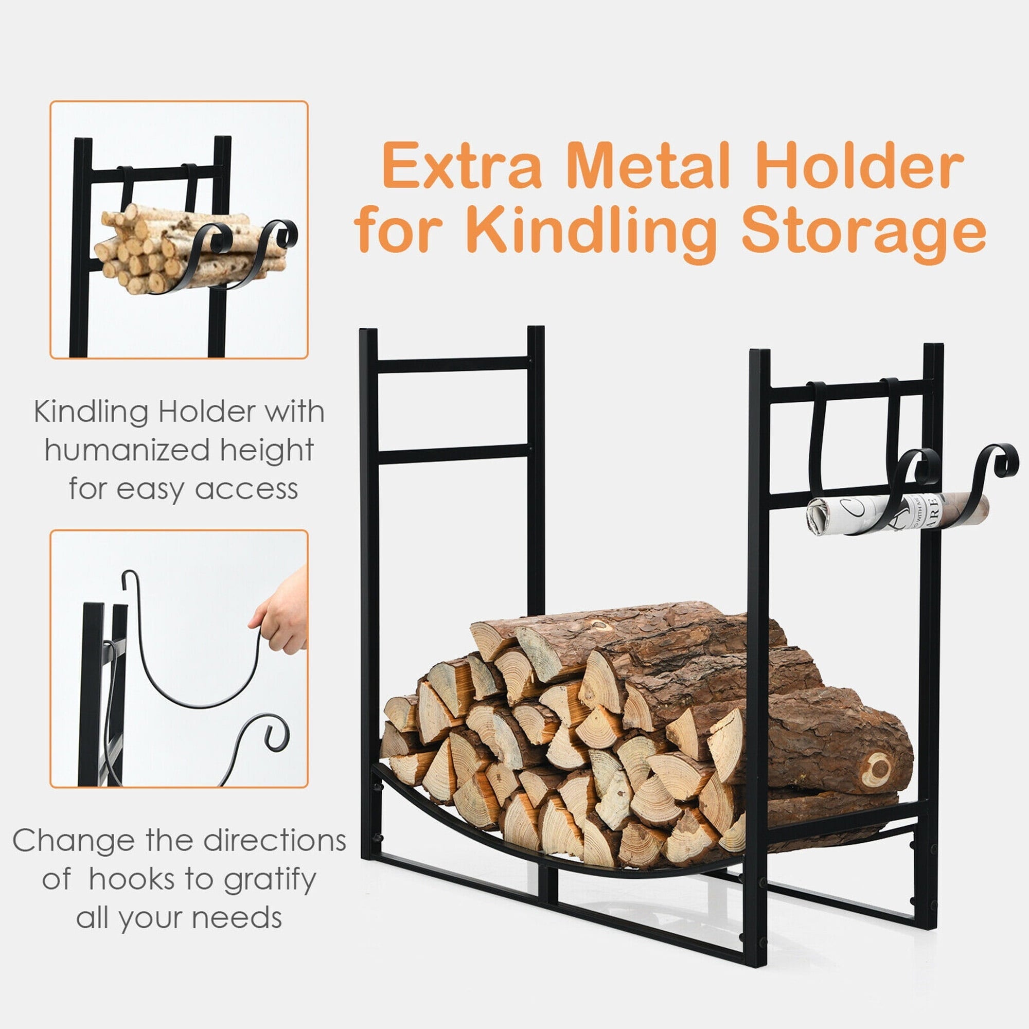 Gymax 33'' Firewood Rack W/ Removable Kindling Holder Steel Fireplace Wood