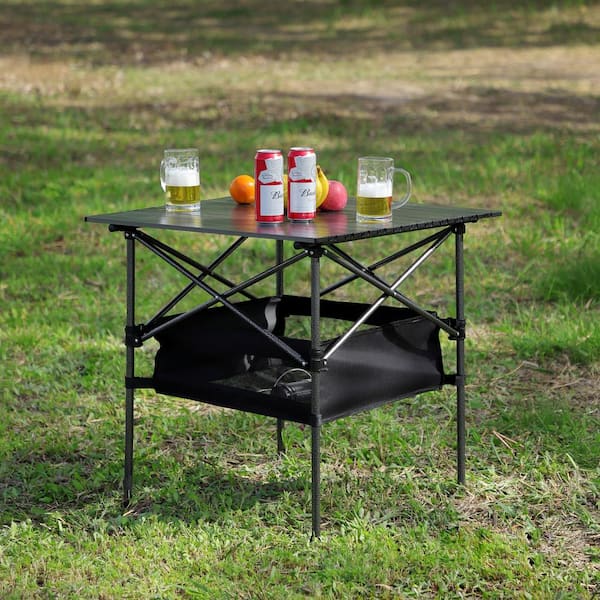 27.56 x 27.56 x 27.56 in. Black Square Outdoor Aluminum Folding Table for Camping, Picnic, Patio, Barbecue, Party