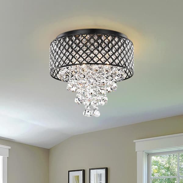 Alyvia 16 in. 4-Light Antique Black Glam Round Drum Flush Mount with Cascading Hanging Crystals