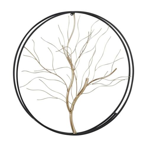 Gold Branch Leafless Tree Metal Wall Art Sculpture Round Black Open Back Frame