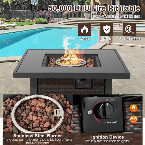 32 in. Propane Fire Pit Table 50,000 BTU Square Firepit Heater w/Lava Rocks Cover