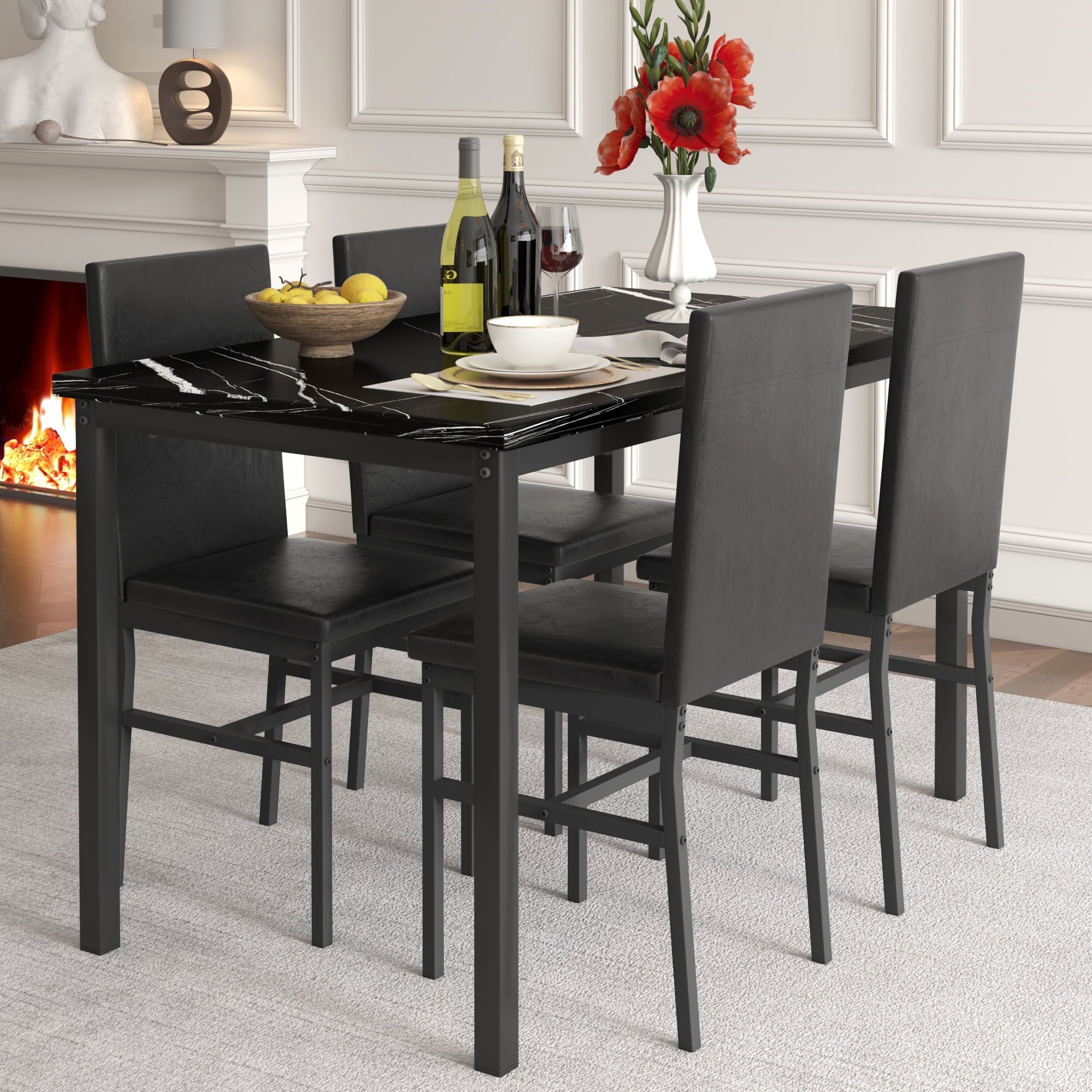 SEGMART Kitchen Dining Table Set for 4, Home Kitchen Table with Marble Tabletop and 4 PU Leather Chairs, Metal Frame Pub Table Set, Dinette Set for Family Gathering & Dining - Easy to Assemble, B1402
