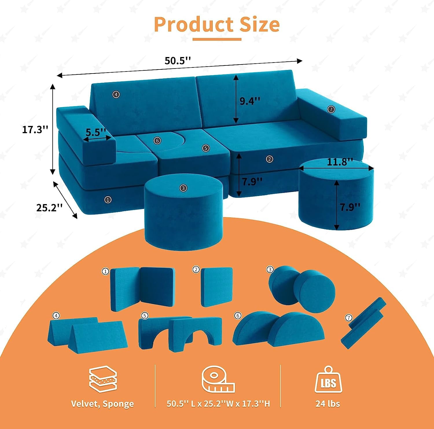13Pcs Kids Couch, Wanan Toddler Couch Kids Sofa Couch, Kids Fold Out Couch for Playroom Bedroom, Modular Couch for Boys and Girls, Play Couch Sofa for Kids, Blue