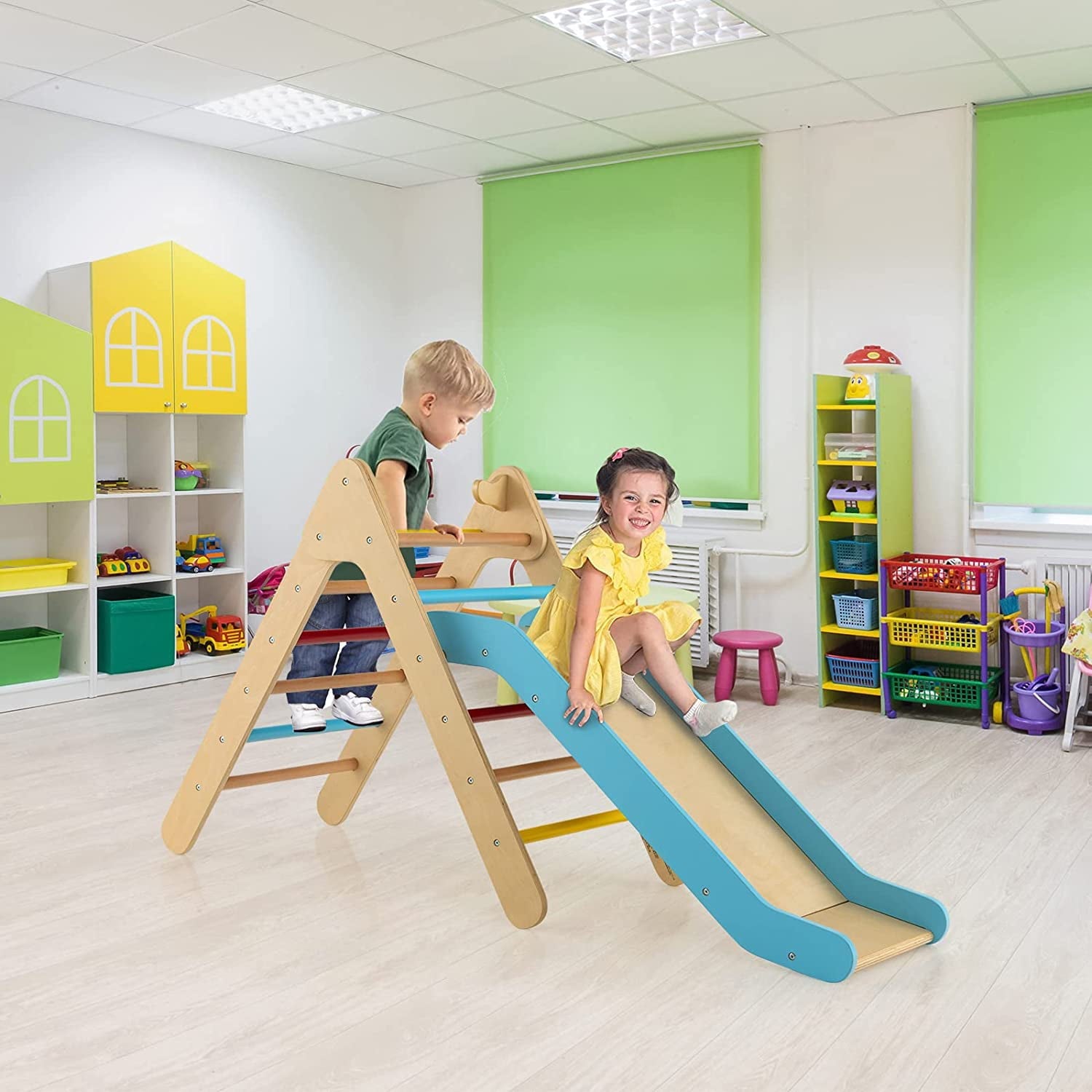 OLAKIDS Climbing Toys for Toddlers, 2 in 1 Montessori Kids Wood Triangle Climber with Ramp Ladder Slide for Gym Playground, Indoor Outdoor Climbing Toy Baby Play Structure Activity Set for Boys Girls