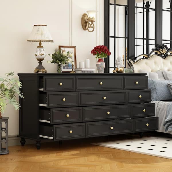 Black Wooden 63 in. Width 12 Drawer Dresser, Storage Cabinet Console with Wooden Legs, European Style