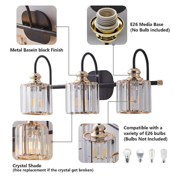 IndustrialVL 23.13 in. 3-Light Brass Black Vanity Light with Crystal Glass Shades