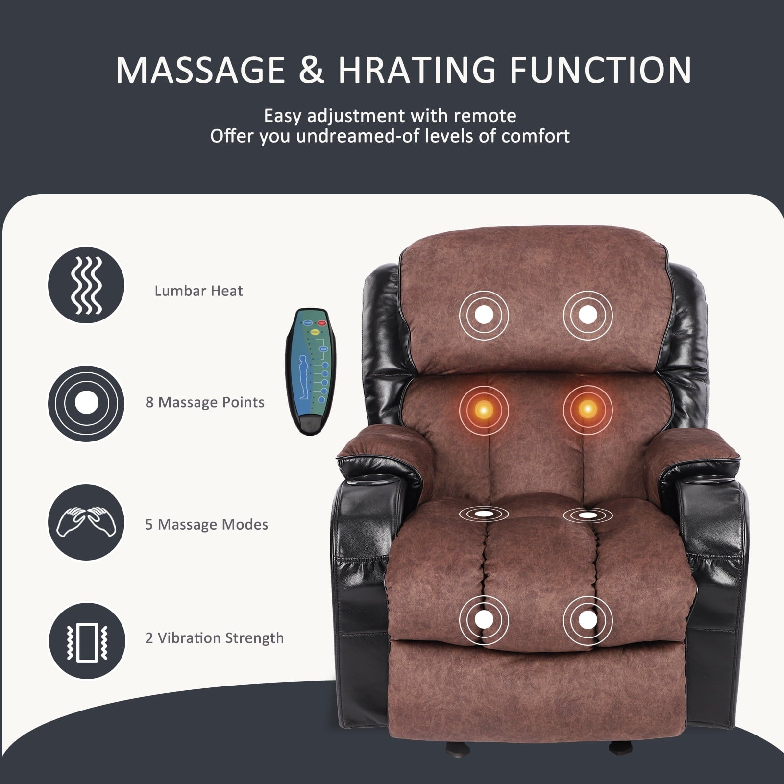 Leather Massage Recliner Chair, Modern Electric Power Rocker with Heated Massage, Ergonomic Lounge Chair, SEGMART Single Sofa Seat with Drink Holders for Living Room, Black and Brown