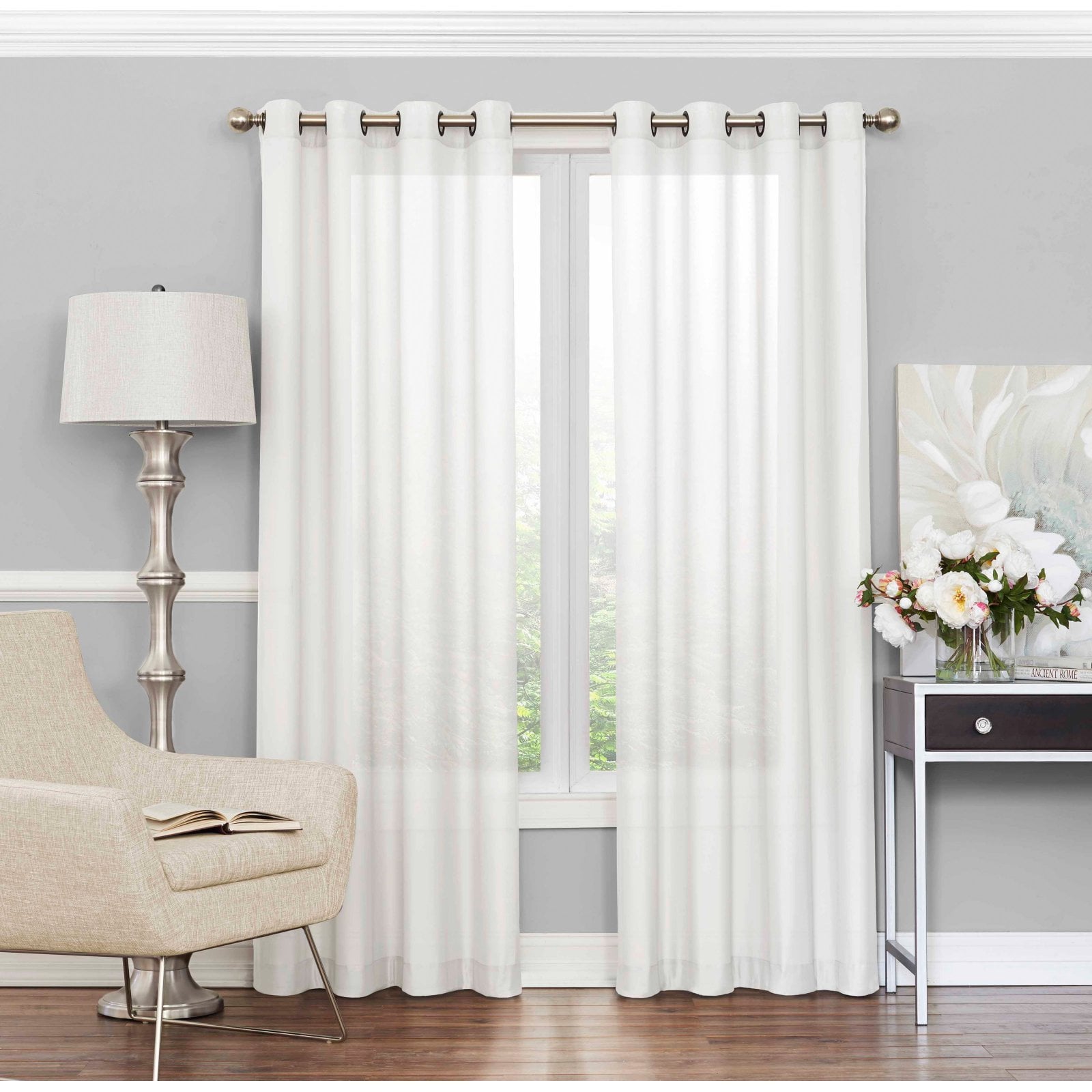 Eclipse Liberty Light Filtering Sheer Grommet Top Single Window Curtain Panel, White, 52x84
