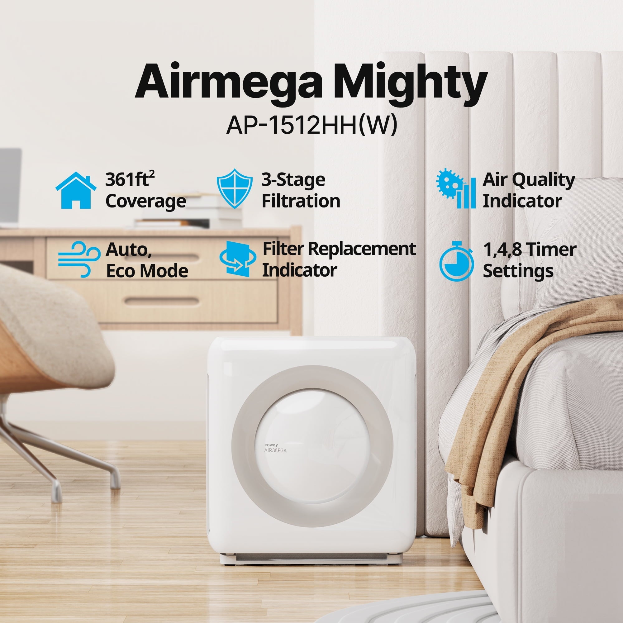 Coway Airmega AP-1512HH(W) Mighty True HEPA Air Purifier with 361 Sq. Ft. Coverage