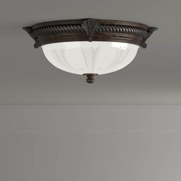 Bercello Estates 15 in. 2-Light Volterra Bronze Flush Mount with Etched Glass Shade