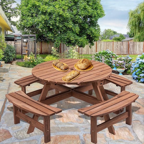 8-Person Round Natural Wood Frame 27.55 in. H Outdoor Dining Picnic Table with Seat