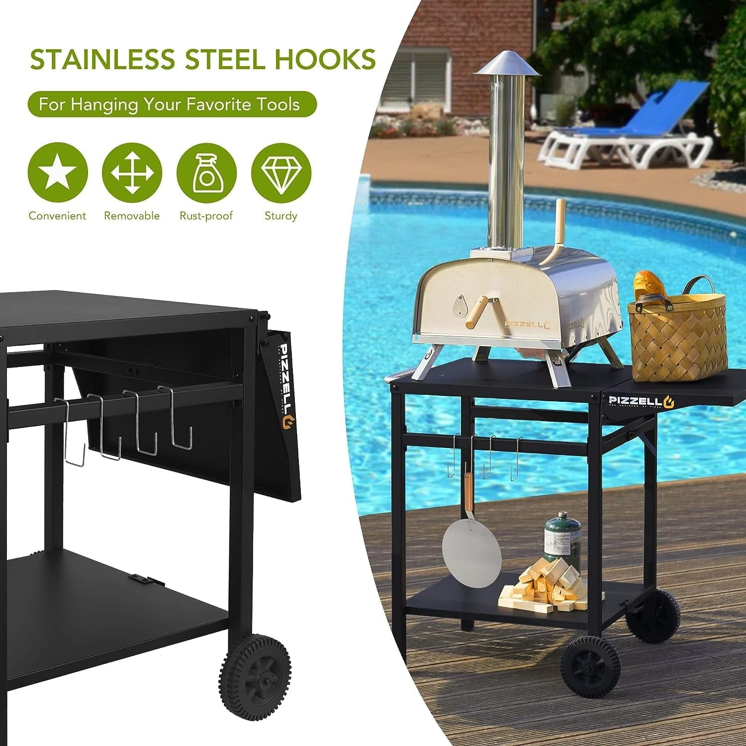 Pizzello Outdoor Bar Cart with Storage Wheel Hook Expandable Countertop, Black