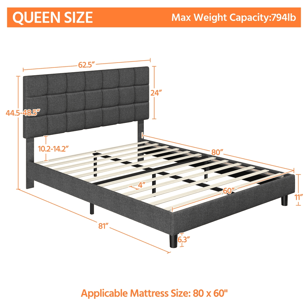 Alden Design Upholstered Tufted Platform Queen Bed, Dark Gray