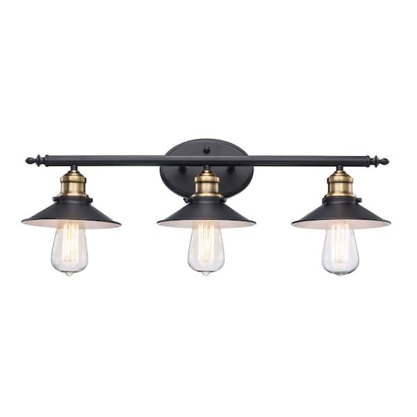 Glenhurst 25 in. 3-Light Industrial Farmhouse Black and Brass Bathroom Vanity Light Fixture with Metal Shades