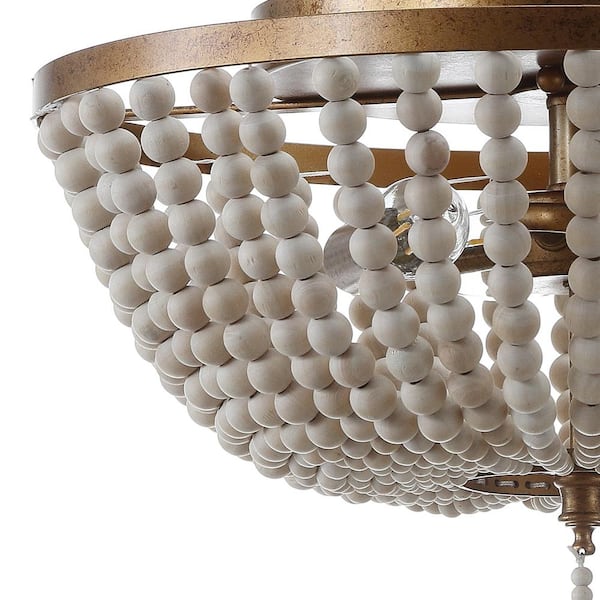 Allison 15 in. Wood Beaded/Metal LED Flush Mount, Antique Gold / Cream