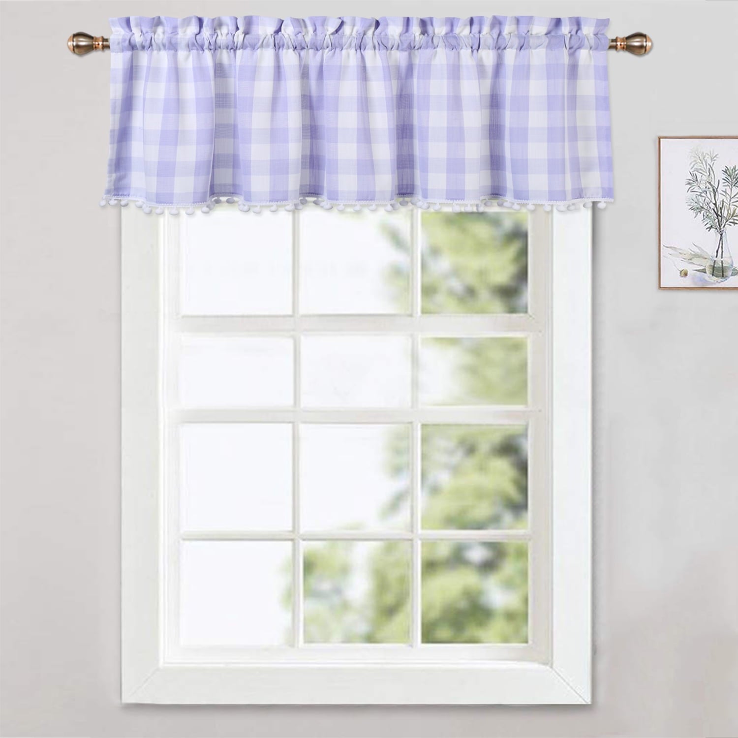 DSstyles Grey Buffalo Plaid Valances for Kitchen, Buffalo Check Gingham Pom Pom Valance Curtains for Windows Cafe Curtains Bathroom Window Curtains, 52x15 in