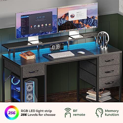 55 Inch Computer Desk With 4 Drawers Gaming Desk With Led Lights & Power Outlets