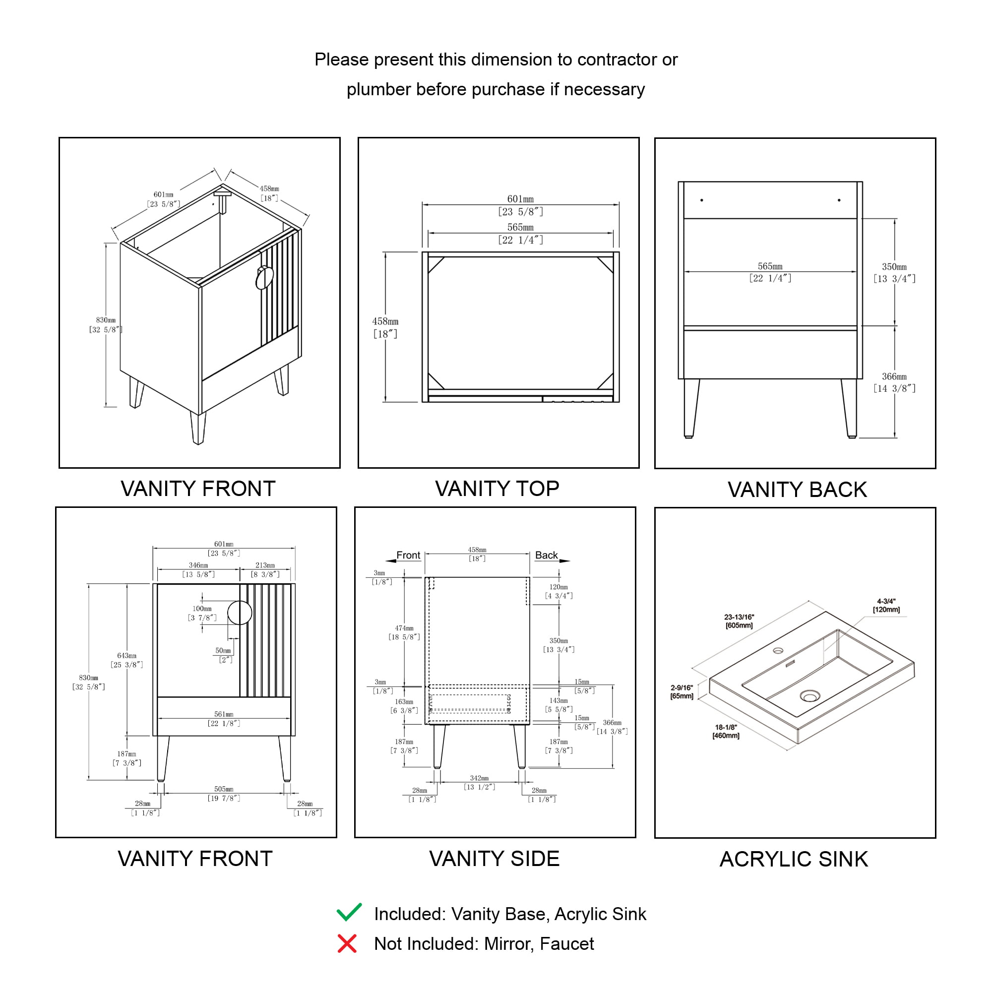 Blossom Kitchen and Bath Freestanding Bathroom Vanity with Sink, Wood Bathroom Vanity Cabinet with Acrylic Sink 24