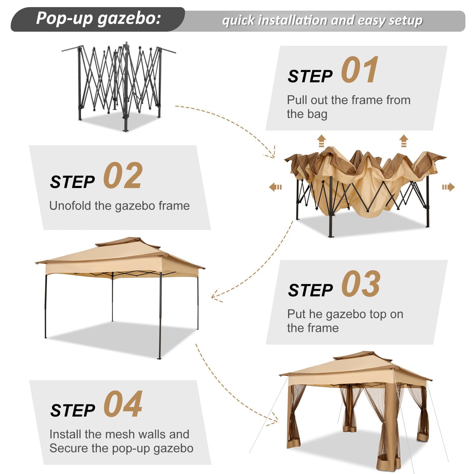 SOOPSY 11'X 11' Pop up Gazebo Canopy Tent Outdoor Party Instant Shelter Portable Folding Gazebo Can Accommodate 6-8 People with Netting & Carry Bag, Anti-Rain, Anti-Ultraviolet, Light Brown