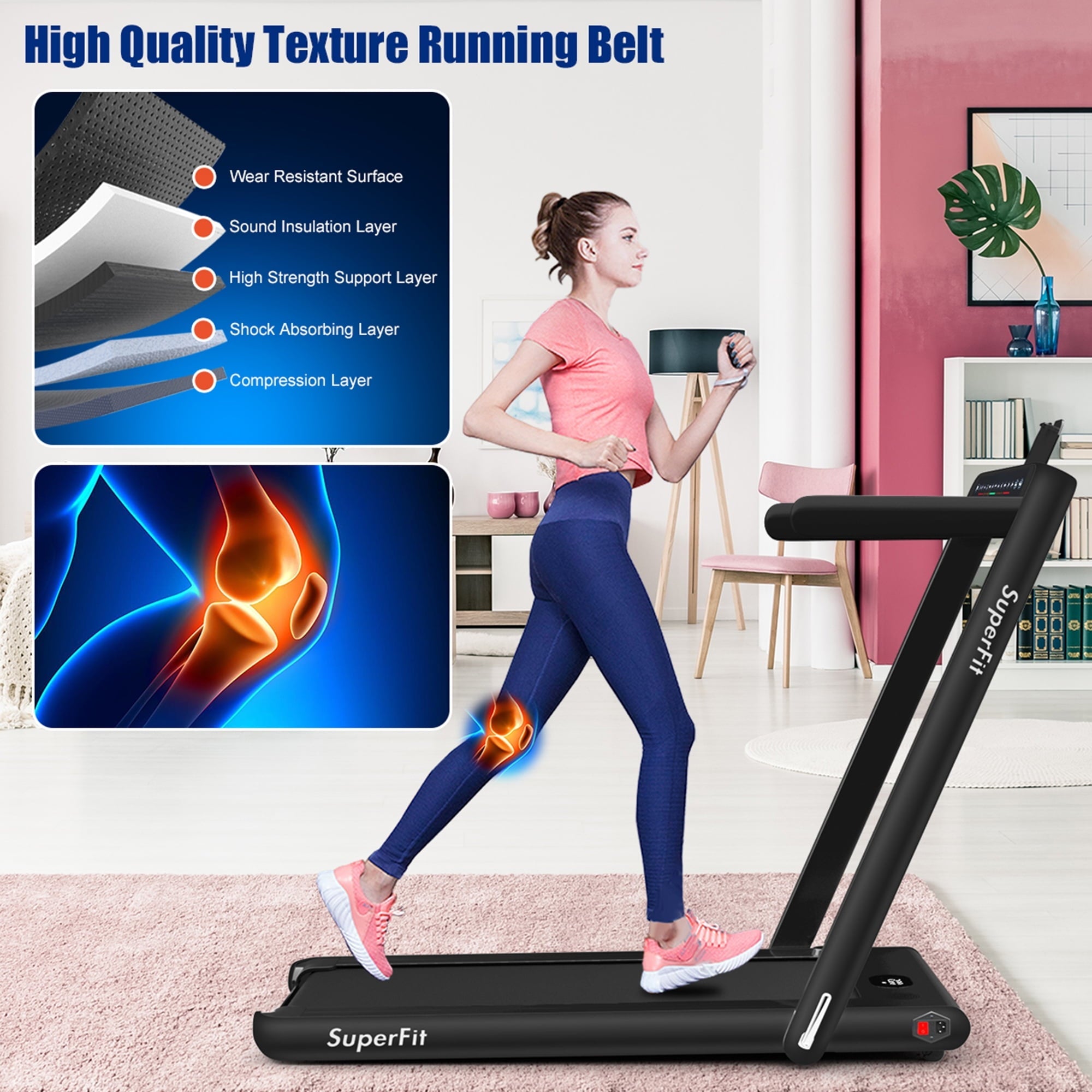 Gymax 2 in 1 Folding Treadmill 2.25HP Running Machine w/ Dual Display APP Control Black