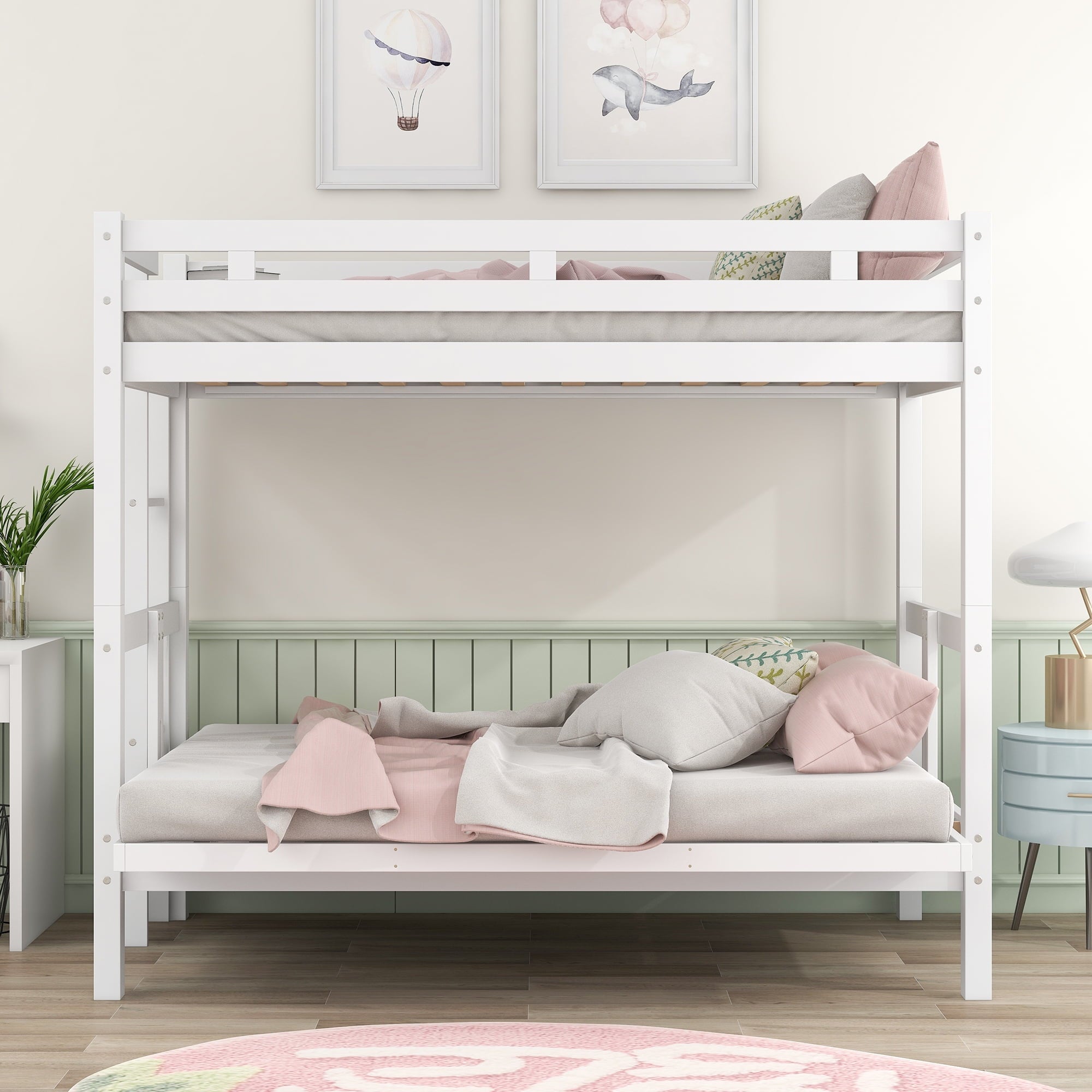 EUROCO Twin over Twin/Full Bunk Bed,Convertible Daybed for Kids Bedroom, White