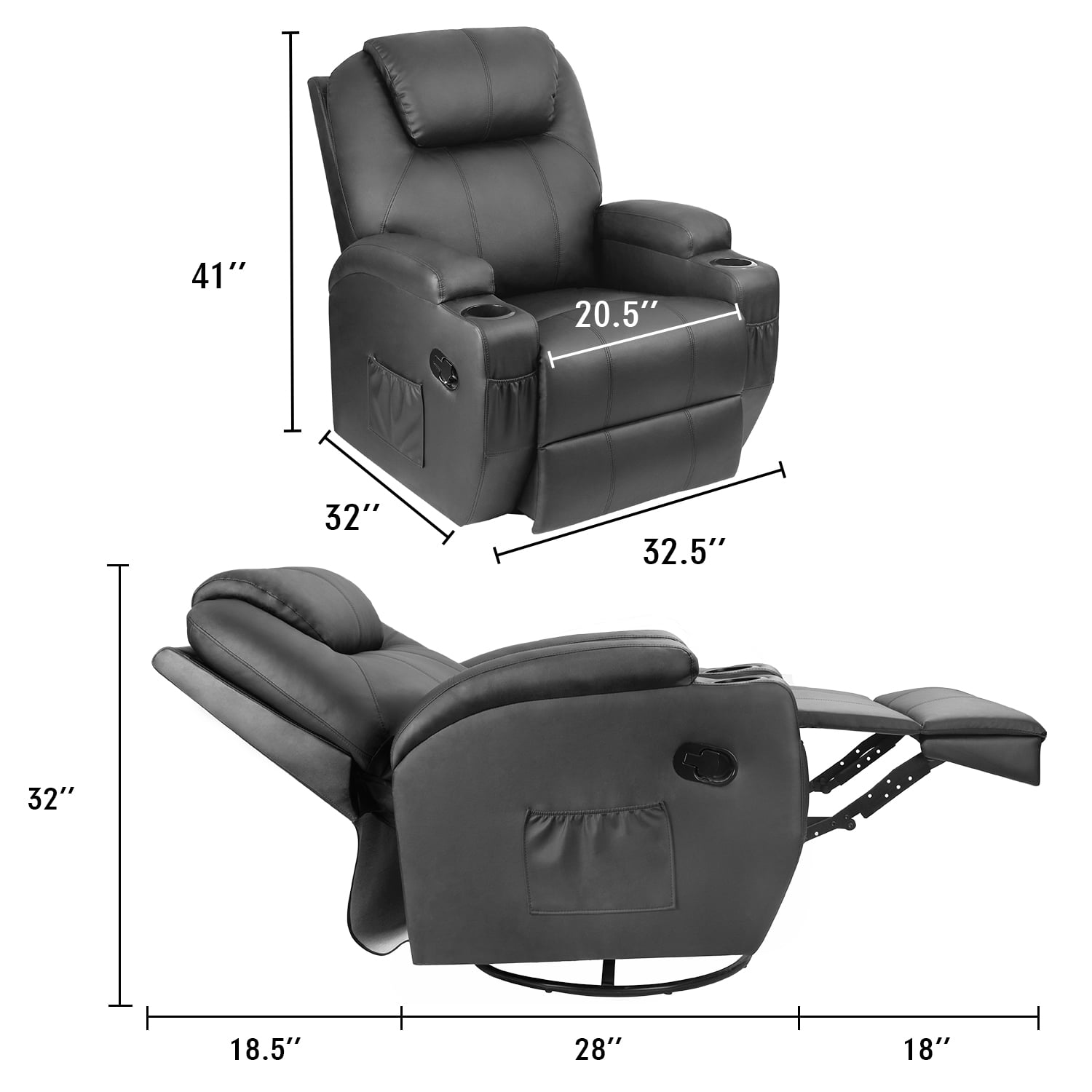 Homall Heated Swivel Rocking Recliner Chair Massage PU Leather 360 Swivel Rocker Recliner Living Room Chair Home Theater Seating Heated,Pu Leather Black