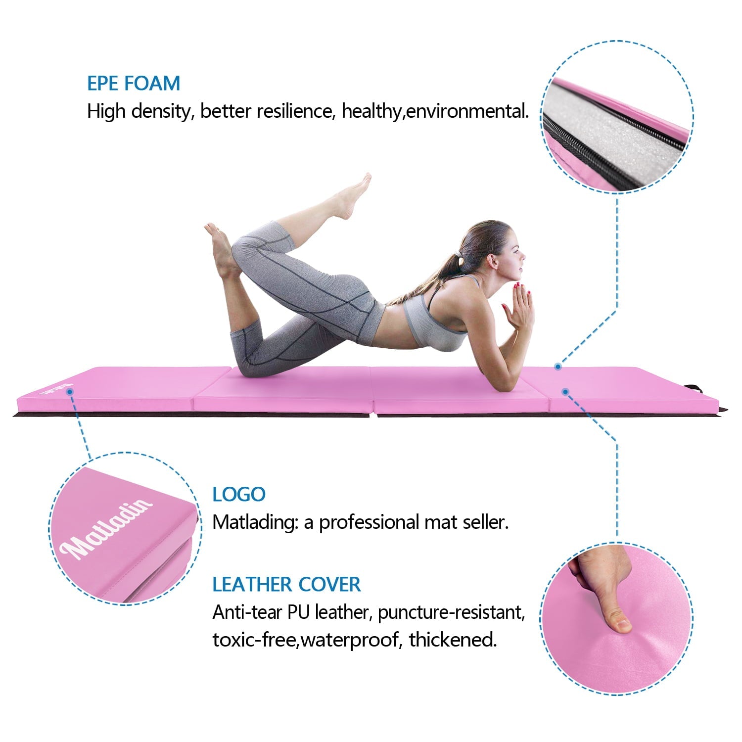 Matladin 8' Folding Gymnastics Gym Exercise Aerobics Mat, 8ft x 2ft x 2in PU Leather Tumbling Mats (Pink)
