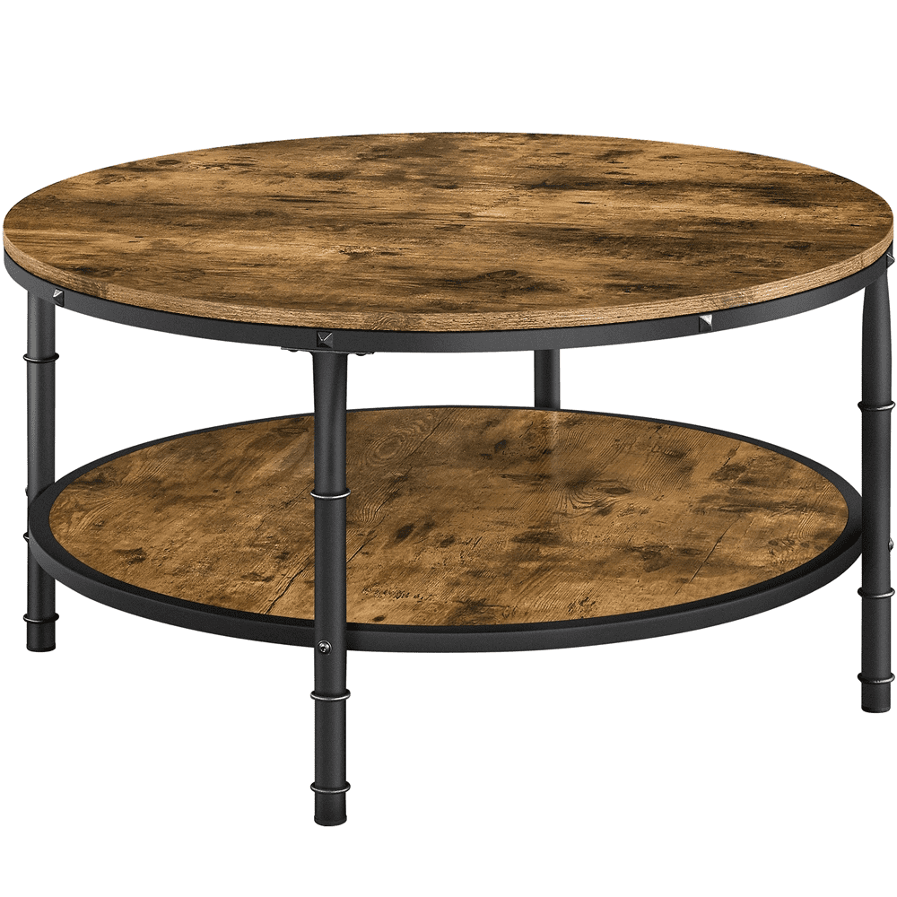 2-Layer Vintage Round Coffee Table, Rustic Brown
