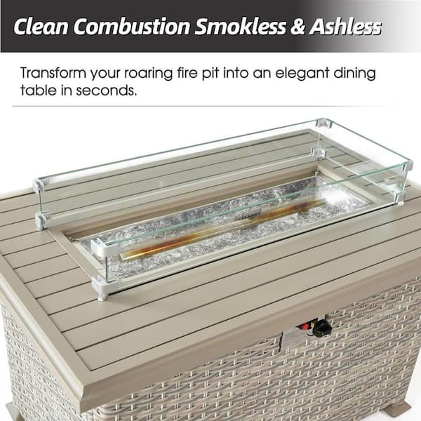 43.3 in. W Beige Brown Wicker Gas Fire Table Patio Propane Aluminium Rectangle Gas Fire Pit with Glass Wind Guard