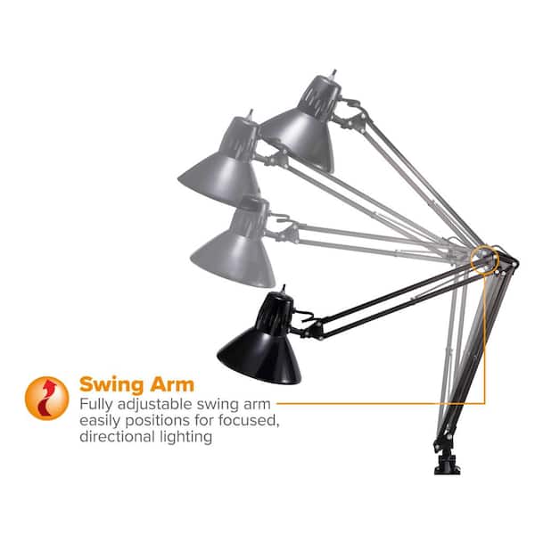 36 in. Black Metal Swing Arm LED Desk Lamp with Clamp
