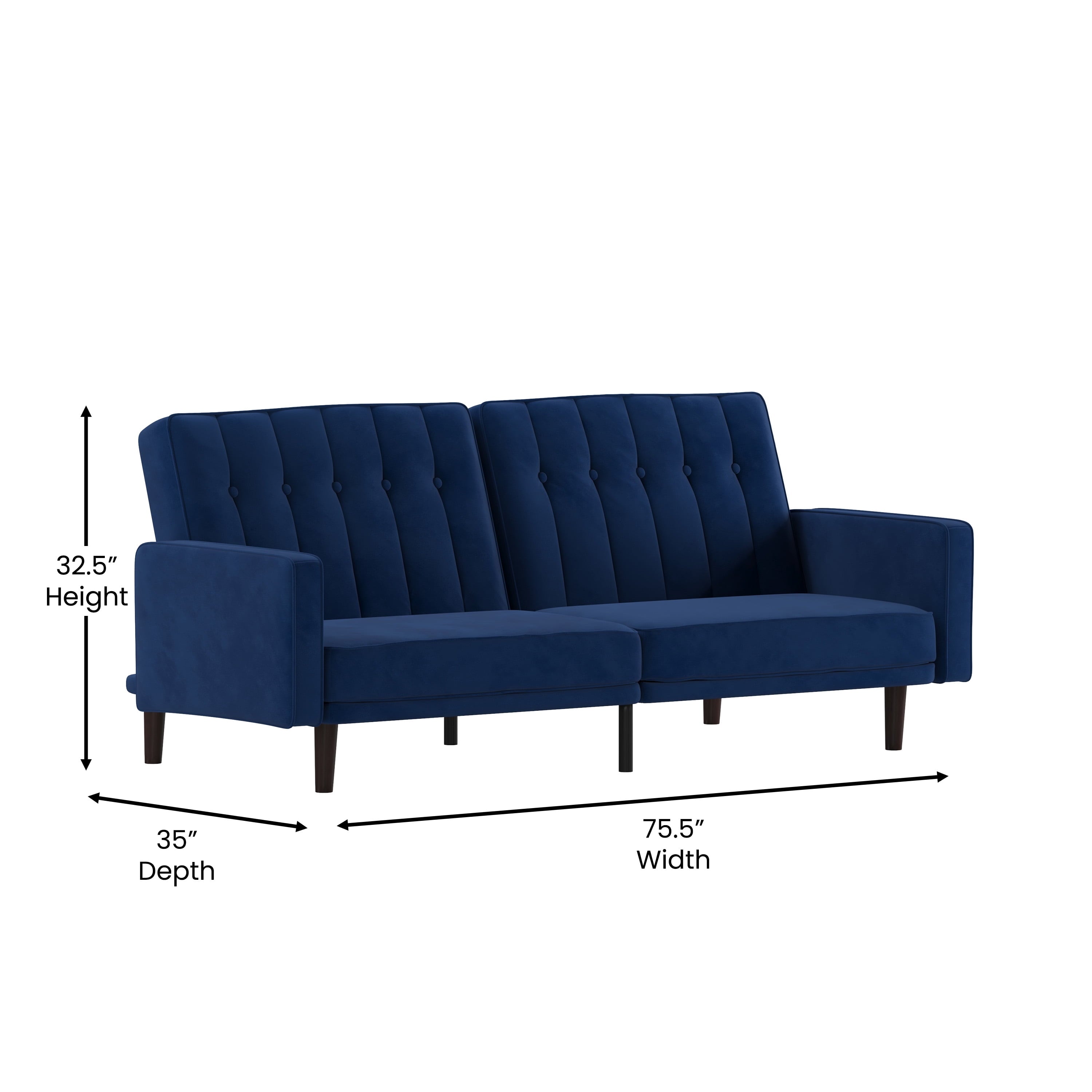 Emma + Oliver Plush Padded Velvet Upholstered Split Back Sofa Futon with Vertical Channel Tufting and Wooden Legs in Navy
